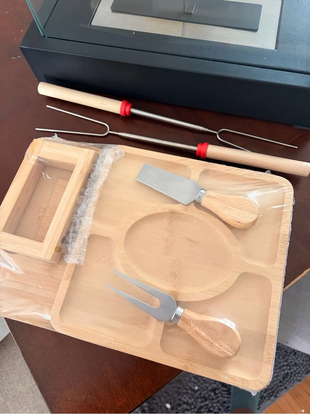 Black Tabletop Firepit with Bamboo Dessert & Fruit Boards Set & utensils